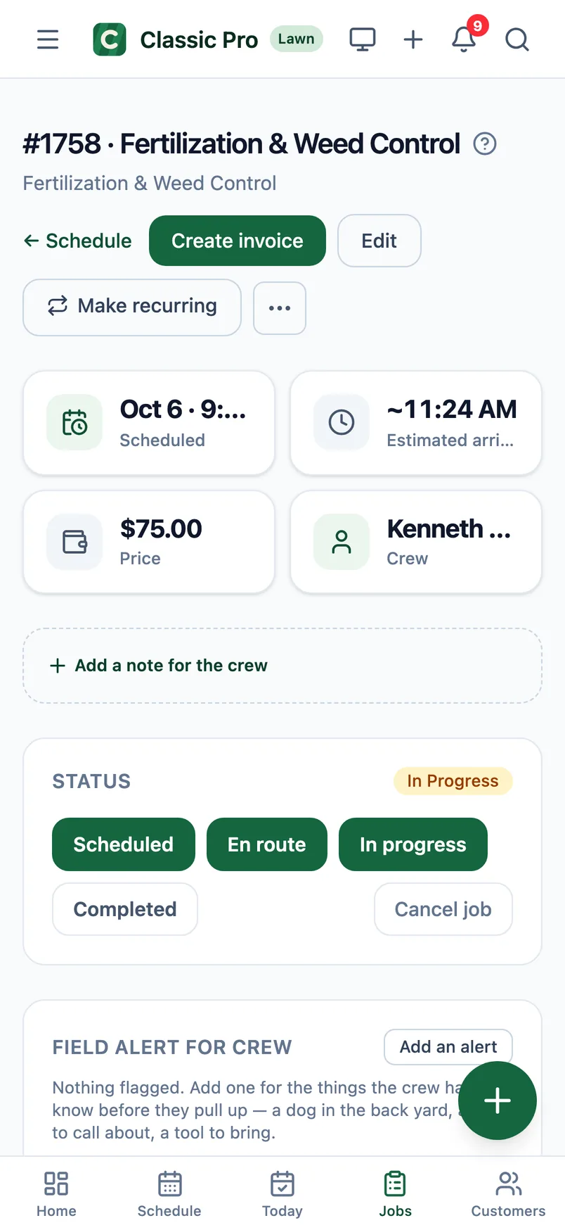 A finished job with a Create invoice button (demo data)