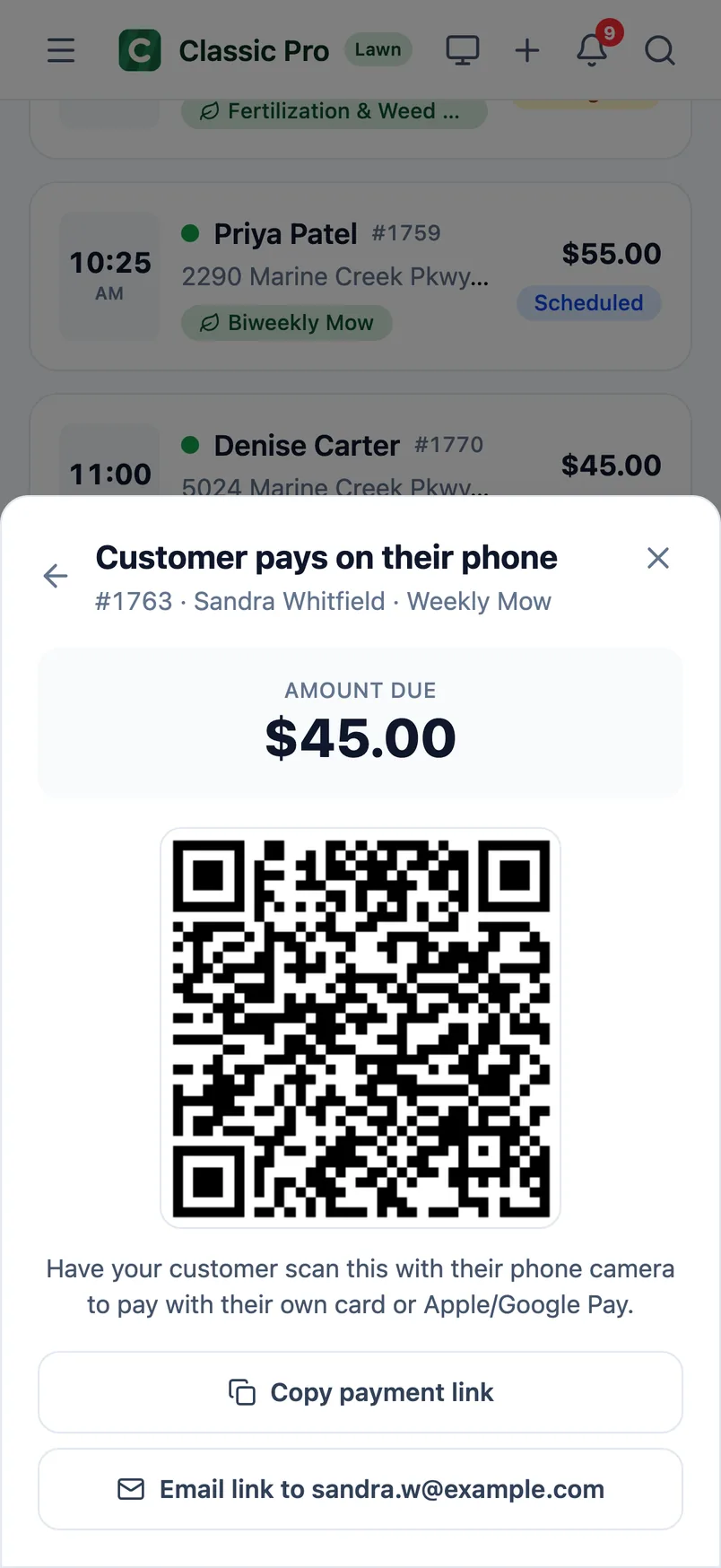 Customer pays on their phone: a $45.00 invoice with a QR code to pay by card or Apple Pay or Google Pay (demo data)