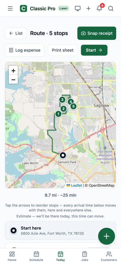 Route map with numbered stops (demo data)